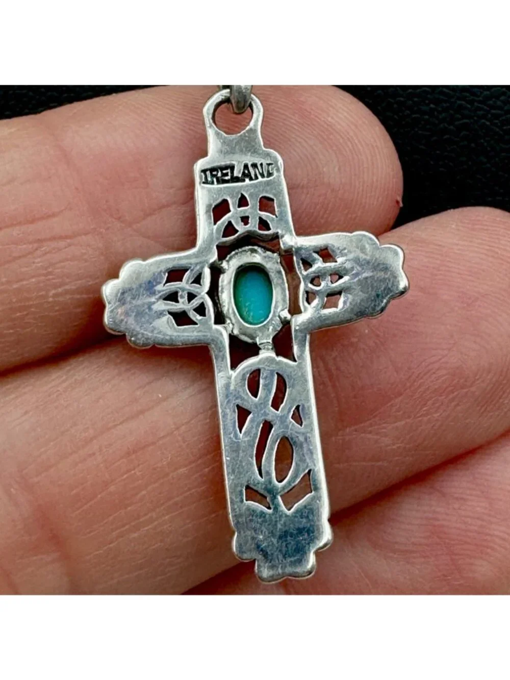 Vintage Irish Celtic Cross Sterling Pendant IRELAND Turquoise Box Chain 18